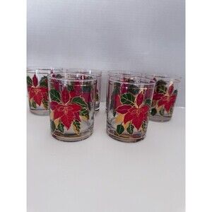 Set of (6) Culver Christmas Poinsettia Gold Flat Glassware Low Ball Barware 14oz